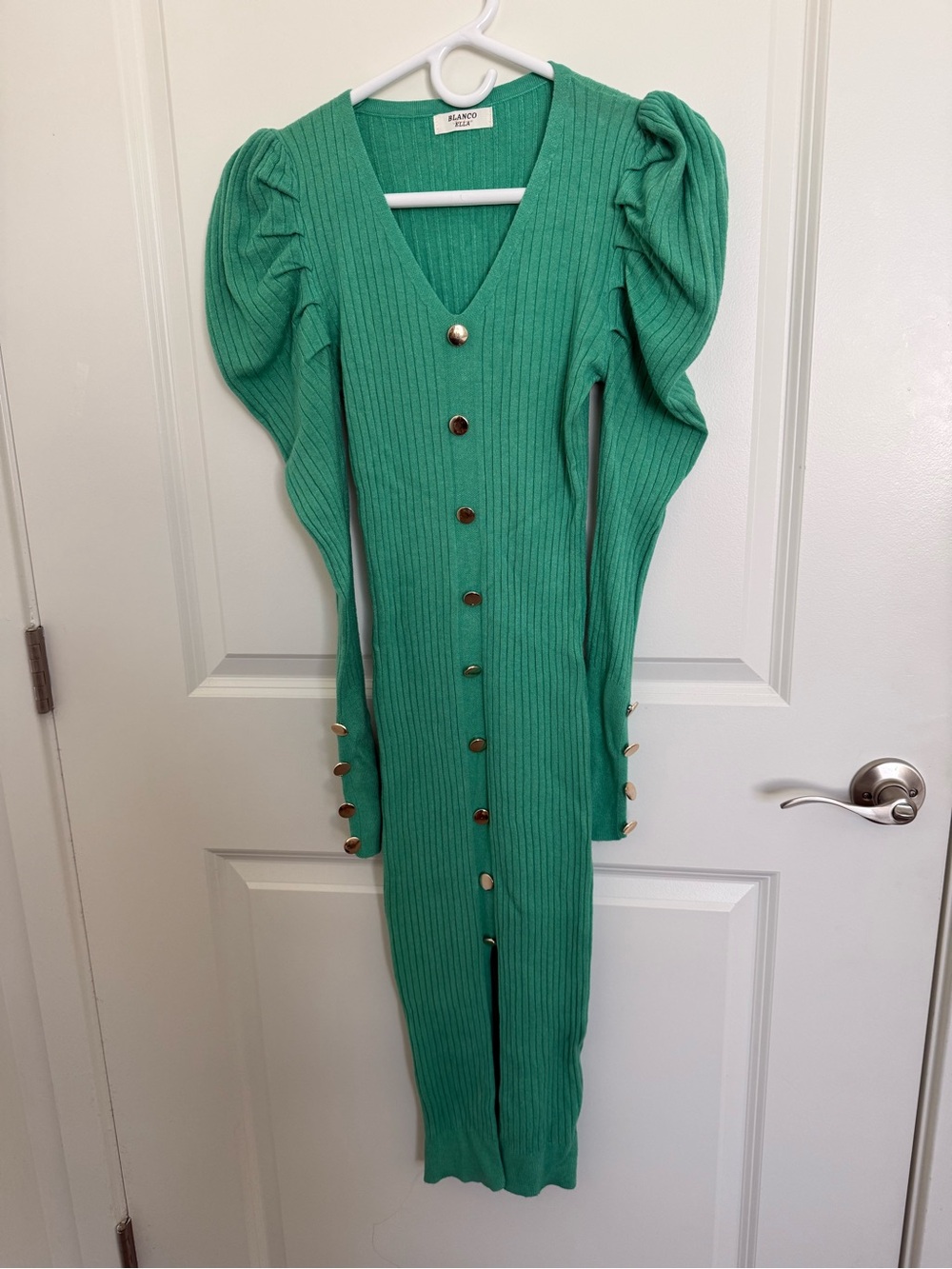 Blanco Green Ribbed Button-Front Midi Dress with Puff Sleeves